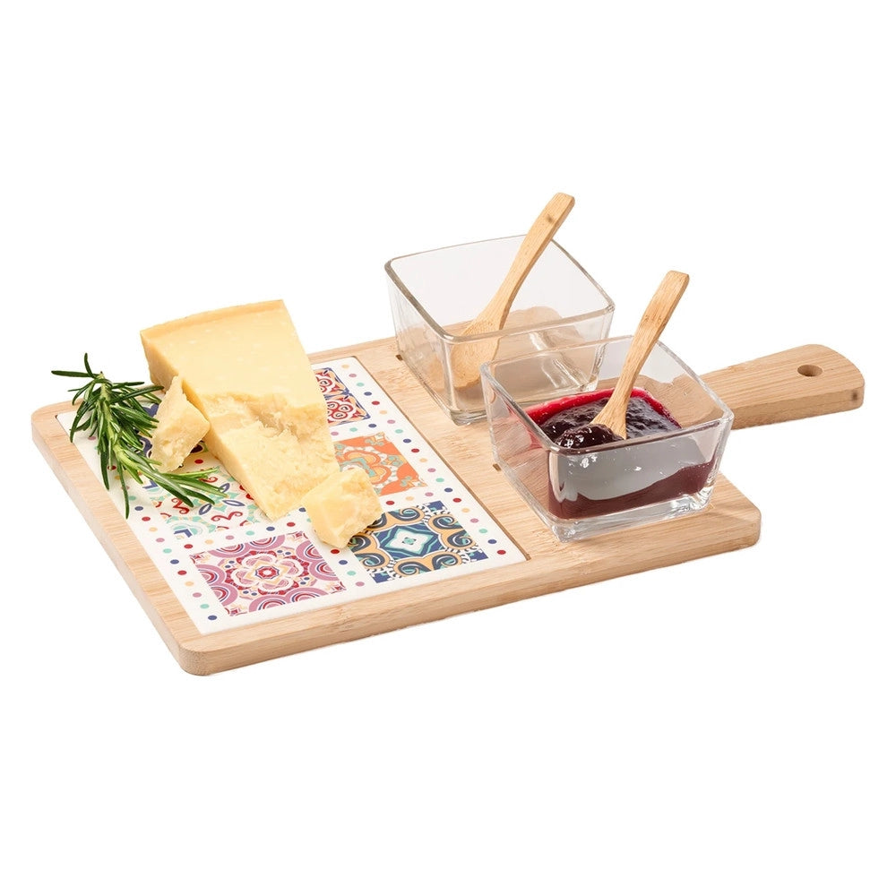 Trade Shop - Set Antipastiera Con 2 Ciotole In Vetro 2 Cucchiaini Base In Bamboo Con Decoro Maiolica -
