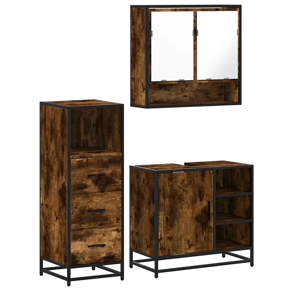 Set Mobili da Bagno | Armadio da bagno 3 pz Rovere Fumo in Legno Multistrato
