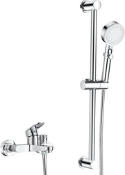 Kit di installazione per doccia con rubinetto e maniglione, sistema di drenaggio per doccia, rubinetto e maniglione, tubo di drenaggio, doccia a mano, 5 tipi di getto, attacco per vasca e attrezzatura da doccia, finitura cromata