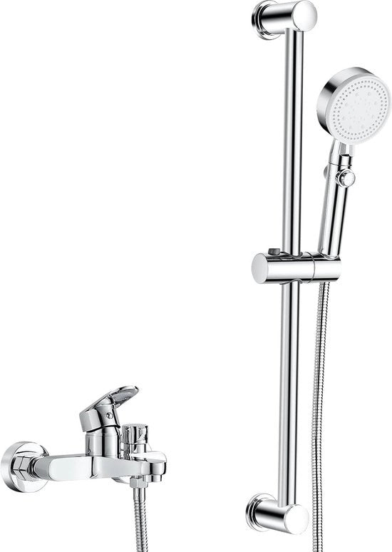 Kit di installazione per doccia con rubinetto e maniglione, sistema di drenaggio per doccia, rubinetto e maniglione, tubo di drenaggio, doccia a mano, 5 tipi di getto, attacco per vasca e attrezzatura da doccia, finitura cromata