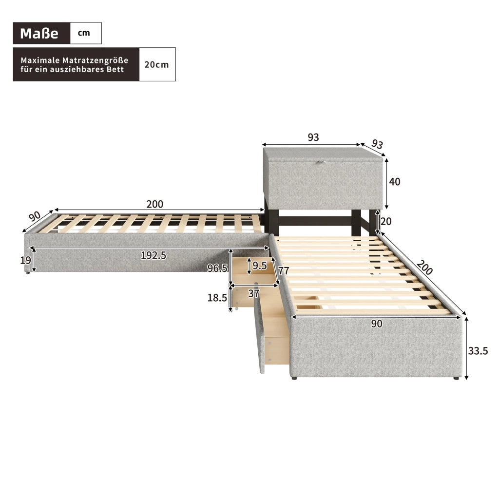 Letto angolare con letto estraibile, letto imbottito con contenitore, lino grigio, 90x200 cm, senza materasso
