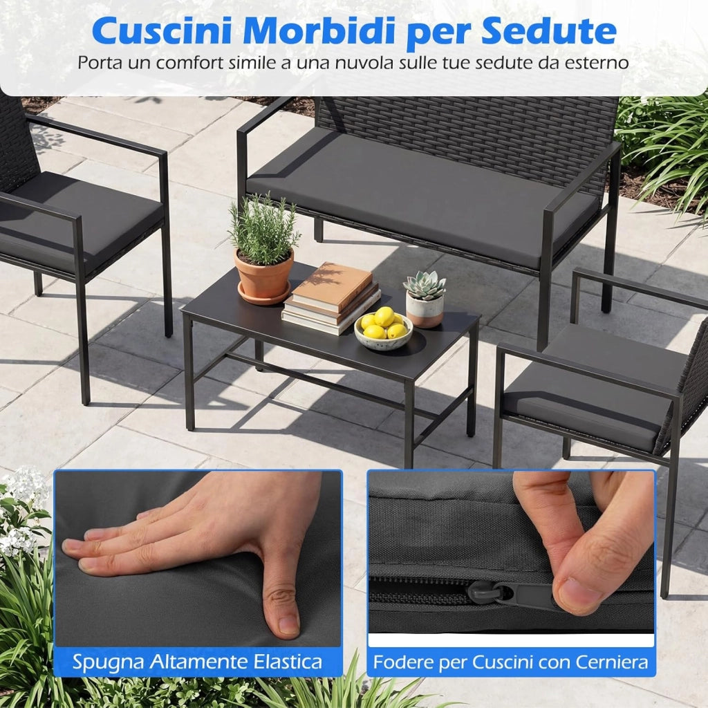 Set di Salotto da Giardino a 4 Pezzi, Poltrone e Divano per Esterno in Rattan con Tavolino da Caffè in Vetro Temperato e Cuscini Morbidi, Set di Conversazione per Cortile e Balcone (Grigio)
