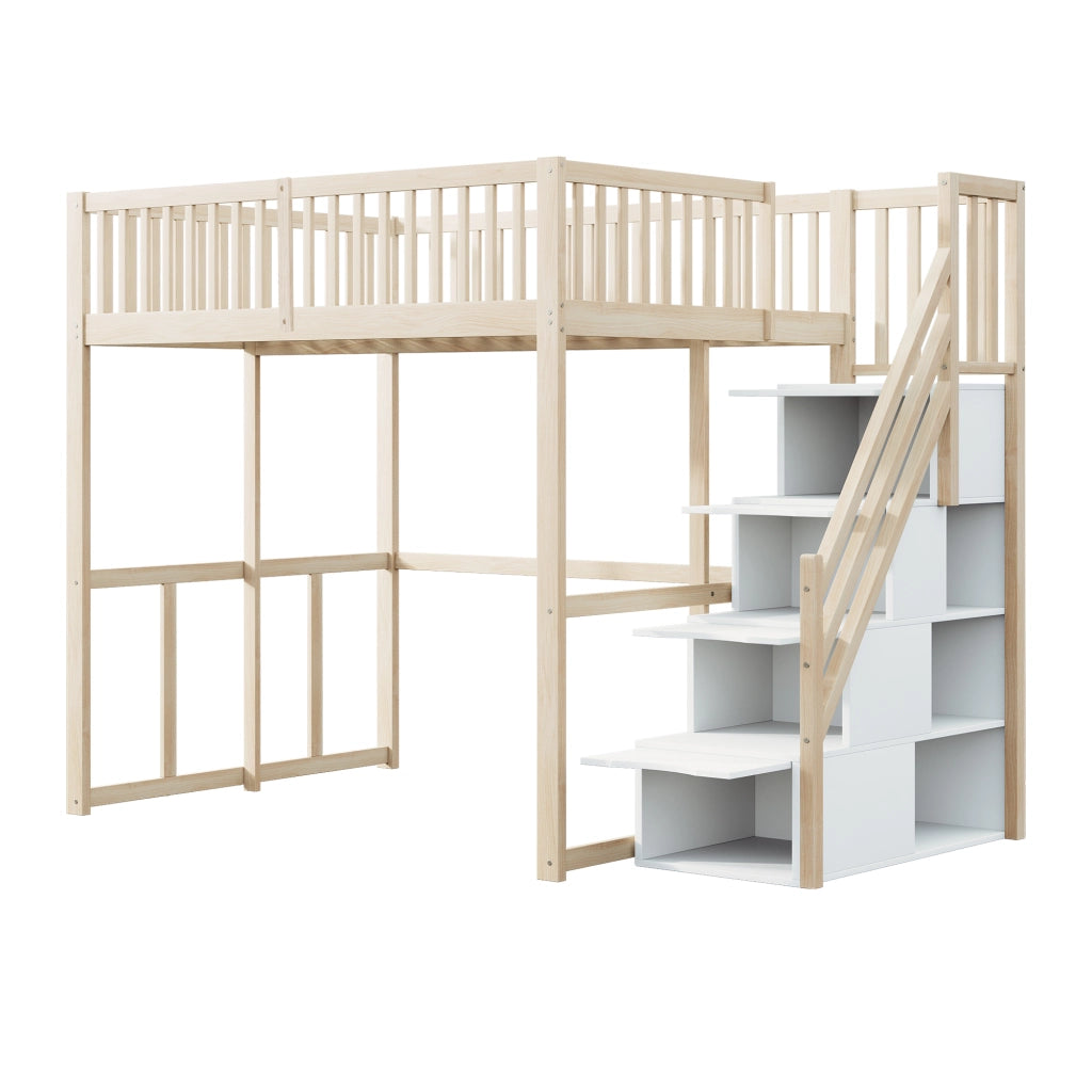 Letto a castello in legno di pino naturale con scala di sicurezza e contenitore 140x200 cm