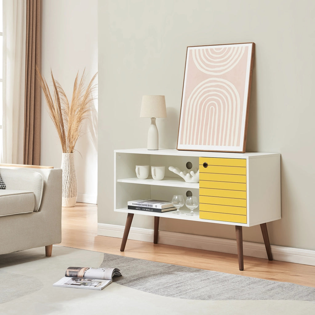 Mobile TV Vare con Anta e Vani Aperti 100 x 40 x 66 cm - Bianco/Giallo [en.casa]