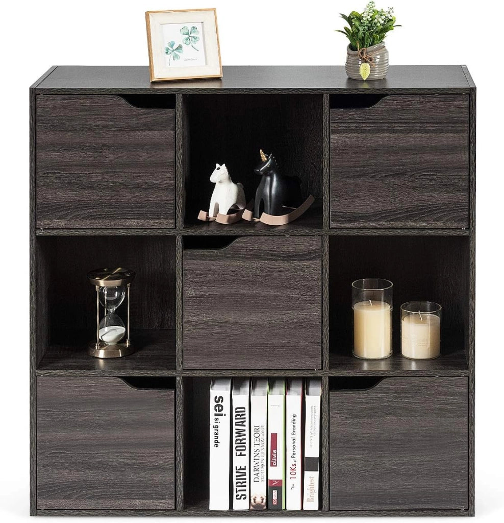 Scaffale Portaoggetti Guardaroba Mensola Libreria in Legno Mobile con 9 Cubi, Scaffale Cubo Porta Libri (Grigio-Marrone)