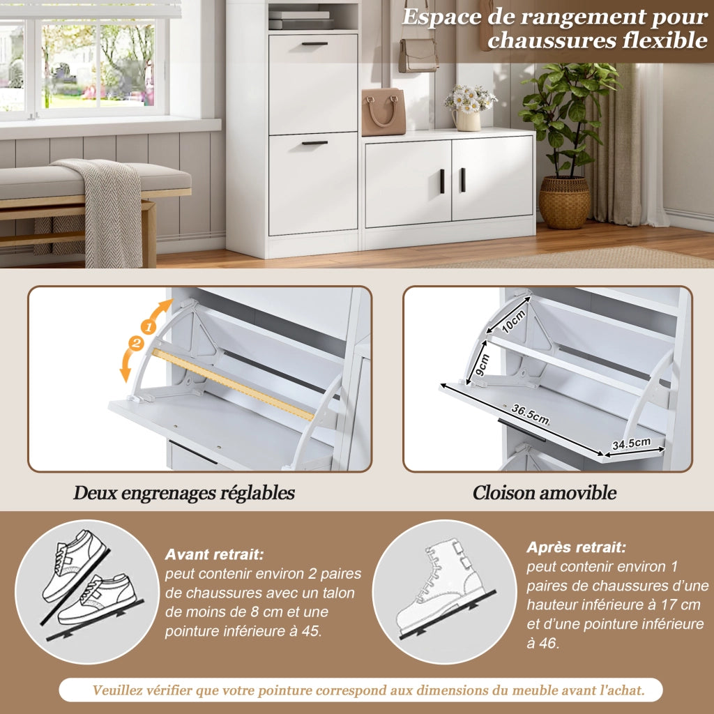 Mobile ingresso con 2 ante; 2 ribalte; 6 ganci e specchio; per ingresso; bianco; 120 × 30 × 180 cm