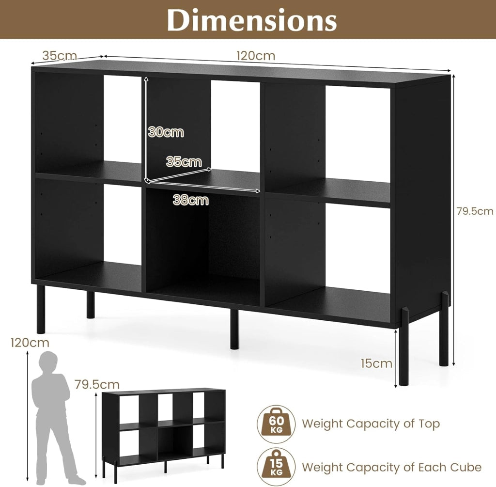Libreria, scaffale a 6 scomparti, orizzontale, per soggiorno, camera da letto e ufficio, 120 x 35 x 79,5 cm (nero)