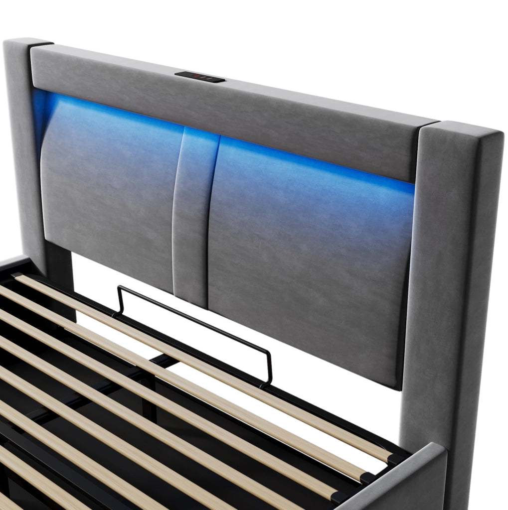 Letto matrimoniale con contenitore 140x200 cm; LED; USB e Type-C; velluto grigio