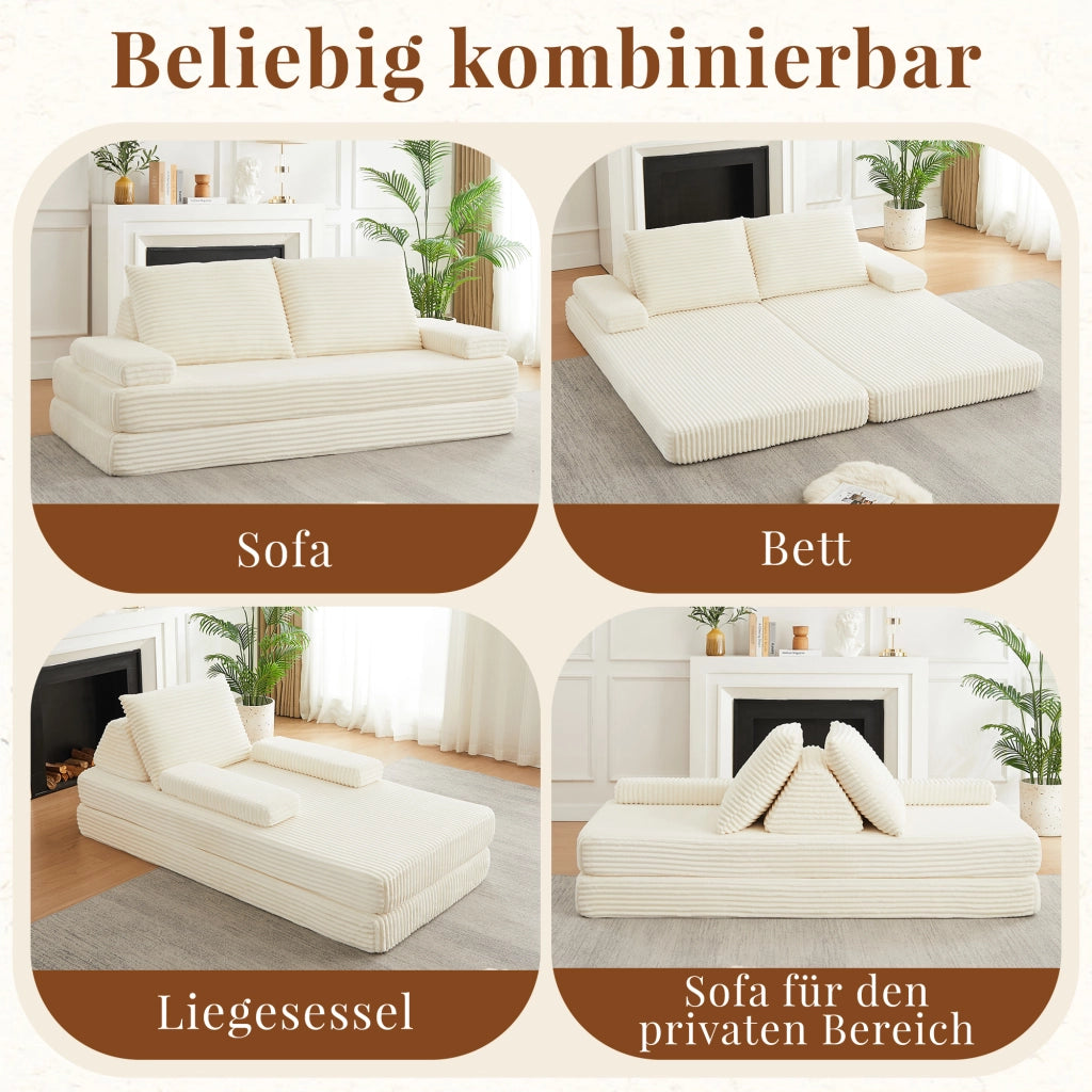 DIVANO MODULARE 211 cm in tessuto corduroy beige con schienali e braccioli regolabili