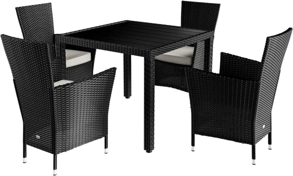 ® Mobili da Giardino in Polyrattan 4 Sedie Impilabili Tavolo 90x90cm in WPC Legno Resistente Terrazzo Balcone Set da Pranzo per Esterno Nero