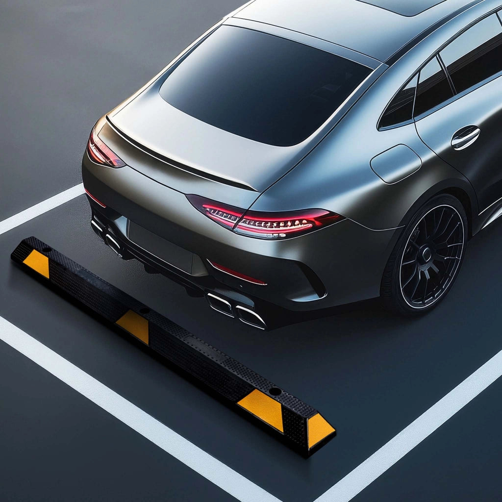 Delimitatore di parcheggio, battiruota in gomma 1650x150x100mm con fasce rifrangenti, Fermaruota