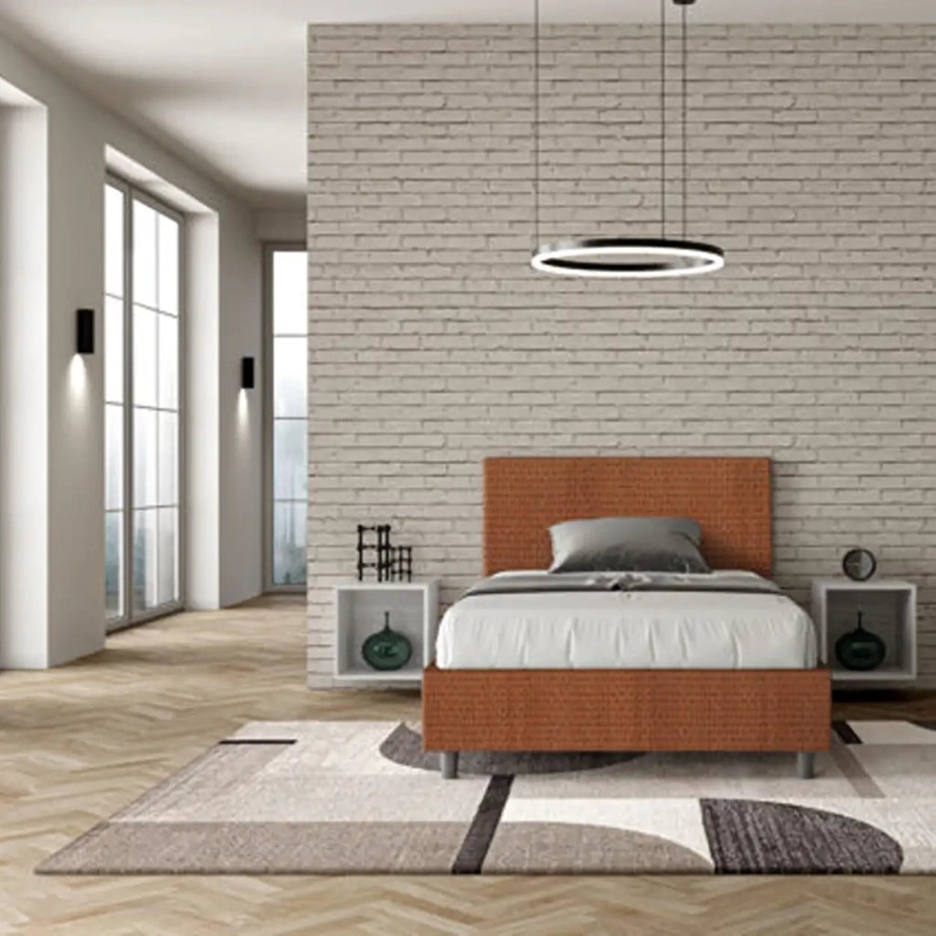 Letto una piazza e mezza con rete imbottito 120x190 tessuto Labirinto 4 arancio Adele