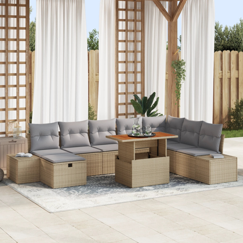 Set Divano Giardino 9 Pezzi con Cuscini Beige Polyrattan