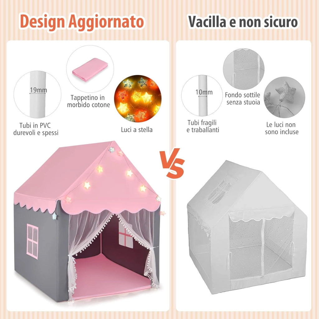 Tenda da Gioco per Bambini, Tenda Castello con Tappetino Lavabile, Luci a Forma di Stella, per Interno ed Esterno, 105 x 121 x 136 cm (Rosa)