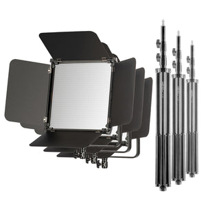 3x LED Niova 100-F Pro 100 W bicolore con treppiede per lampada, luce video dimmerabile, luce da studio con luce morbida, luce fotografica con telecomando