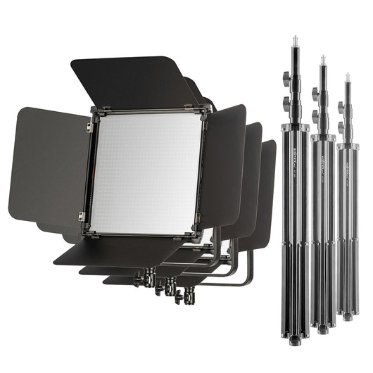 3x LED Niova 100-F Pro 100 W bicolore con treppiede per lampada, luce video dimmerabile, luce da studio con luce morbida, luce fotografica con telecomando