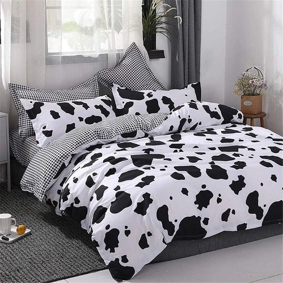Set di coperte per bambini, 135 x 200 cm, per ragazzi, nero-bianco, disegno mucche, coperta, set di coperte per bambini, microfibra, a righe, coperte per bambini reversibili con cuscino 80 x 80 cm