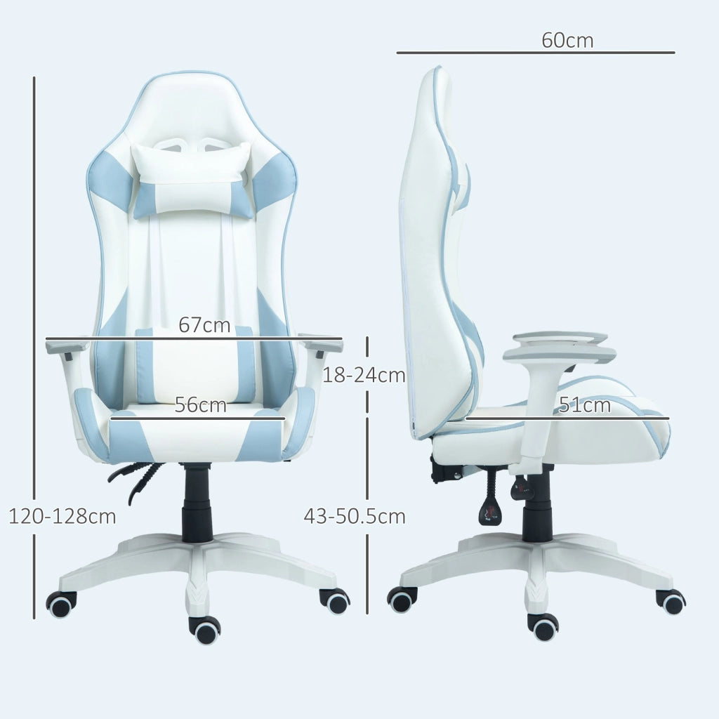 Sedia da Gaming Reclinabile 135° con Poggiatesta e Supporto Lombare 67x60x120-128 cm in Similpelle Azzurro