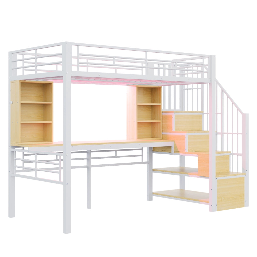 Letto a soppalco multifunzione 90x200 cm con scrivania, scale contenitore, LED multicolore e presa europea, struttura in metallo, bianco
