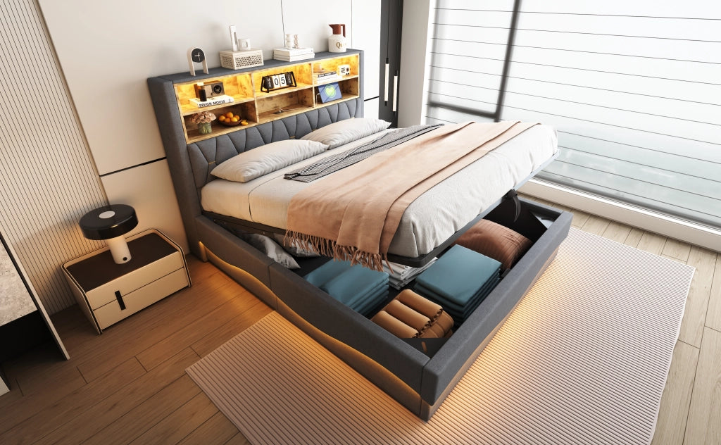 DESMIU Letto contenitore 180 × 200 cm 2 posti, contenitore idraulico, LED e USB, senza materasso, lino grigio