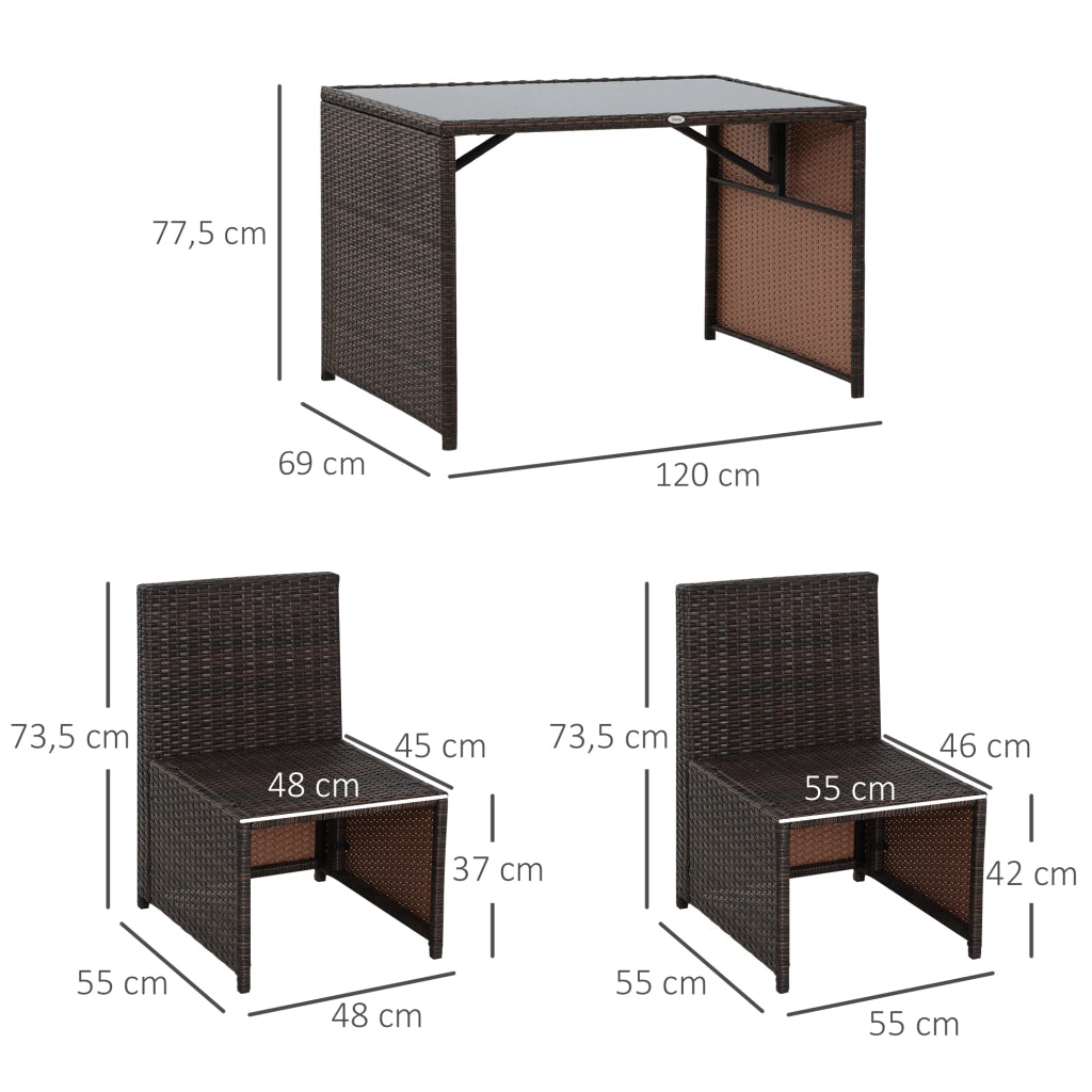 Set salotto da giardino 5 pezzi in polyrattan marrone con cuscini; tavolo e sedie pieghevoli
