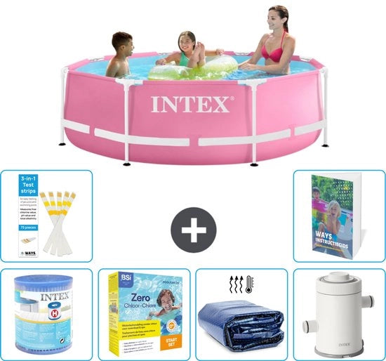 Piscina Rond Frame - 244 x 76 cm - Rosa - Inclusa Pomp di Piscina - Kit di Manutenzione - Ombrello Solare - Pomp di Piscina - 7 pezzi