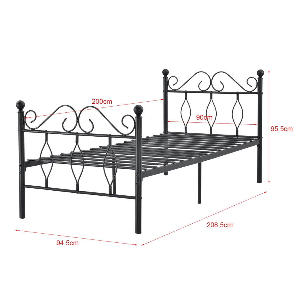 Struttura Letto Singolo in Metallo con Testiera e Pediera in Stile Romantico/Classico con Materasso 90 x 200 cm Letto 1 Piazza - Nero