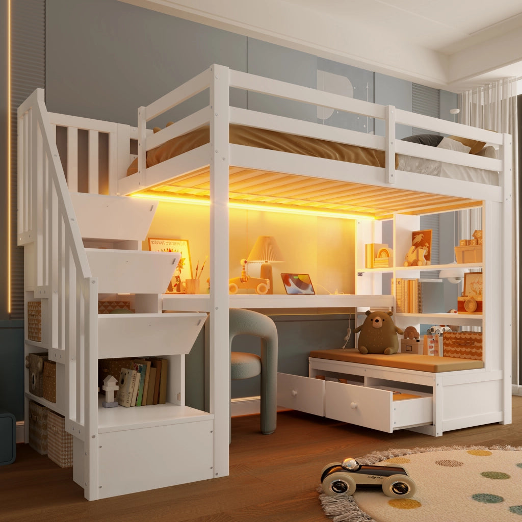 LETTO a soppalco con scrivania, ripiani e 2 cassetti 90x200 cm bianco