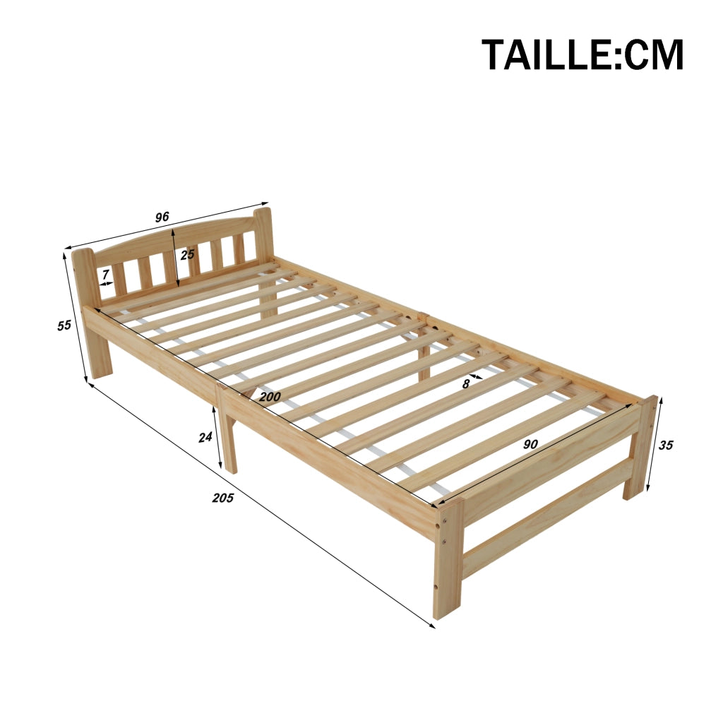 Letto Singolo 90×200 cm; Letto 1 Posto in Legno Massello con Testiera e Piede Centrale; senza Materasso; Naturale
