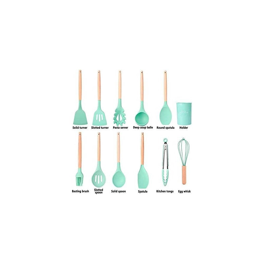 Trade Shop - Set 12 Utensili Da Cucina In Silicone Con Manico Legno Antiaderenti Resistenti -