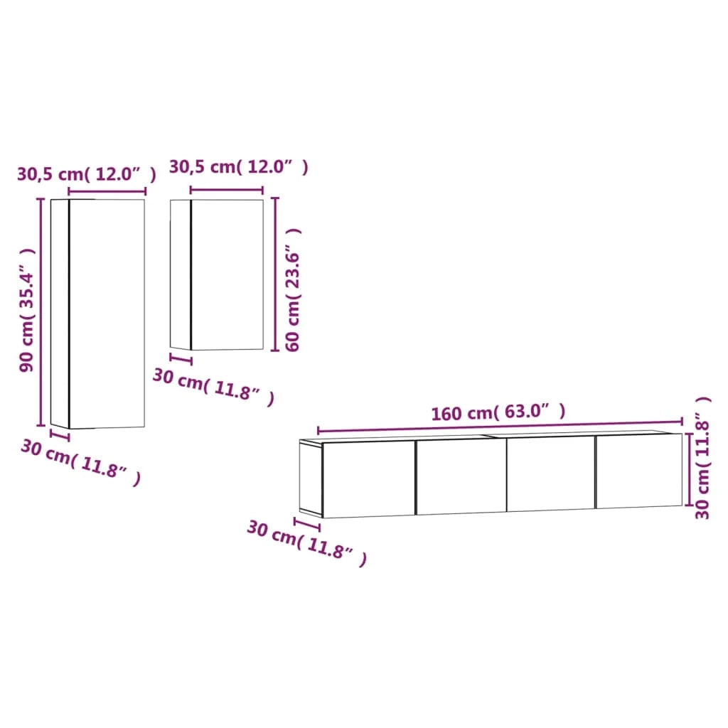 Set di mobili da 4 pezzi tra cui armadio credenza mobile TV set per soggiorno/camera da letto legno ingegnerizzato rovere affumicato finitura marrone 02_0024783