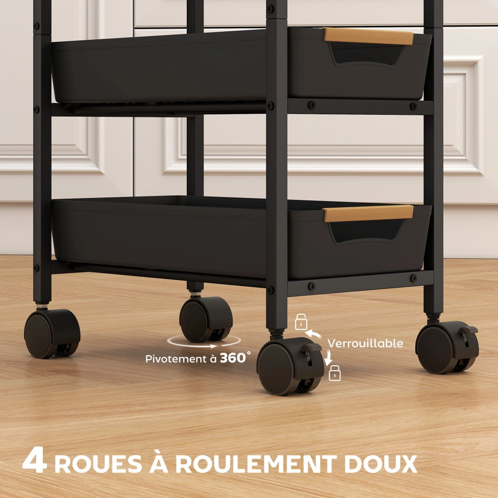 Carrello da cucina a 5 ripiani con 4 cassetti scorrevoli e ruote ¨C Xylo ¨C Nero