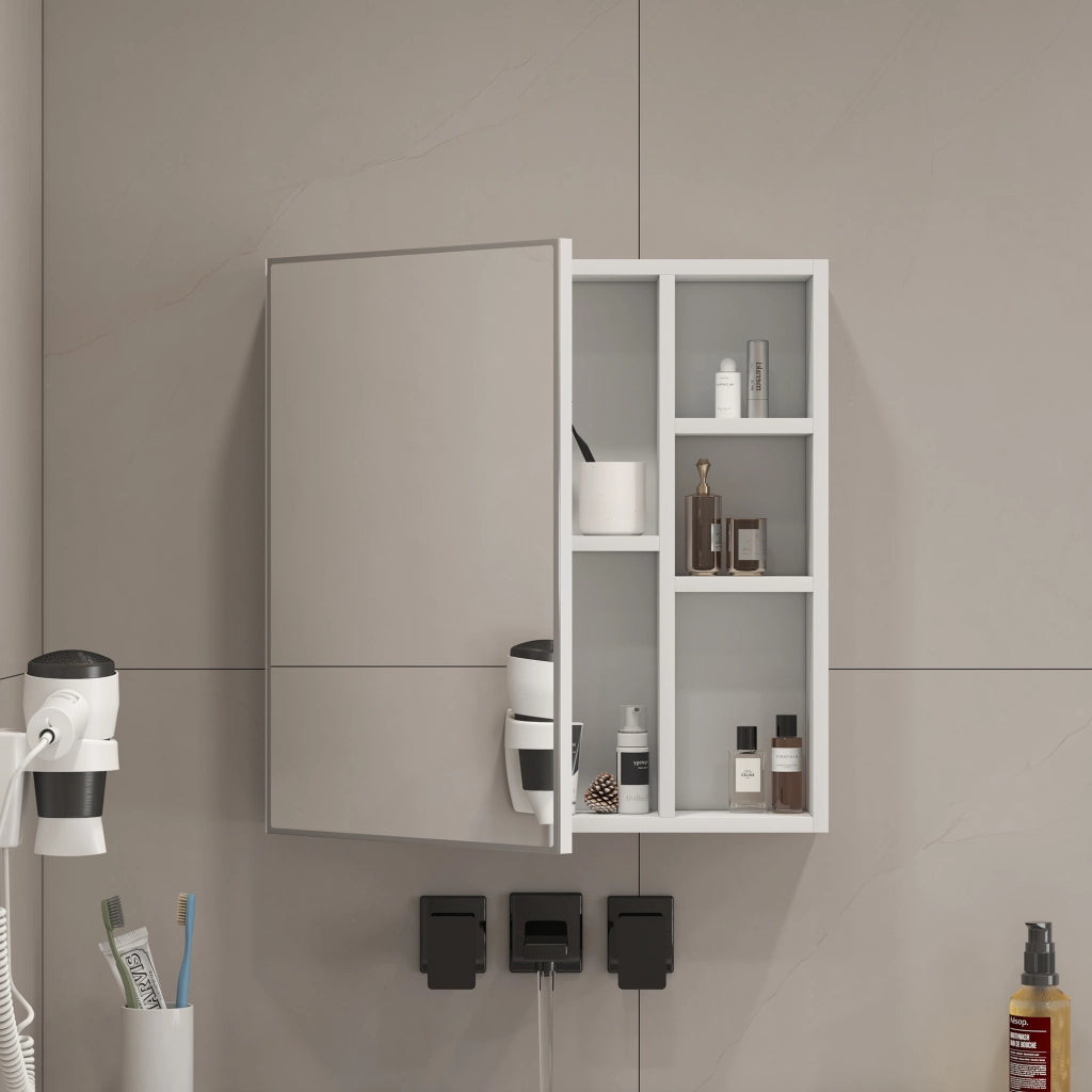 Armadietto a specchio da bagno con ripiani interni, porta specchio di sicurezza, per bagno e trucco, bianco, 55 × 56 cm