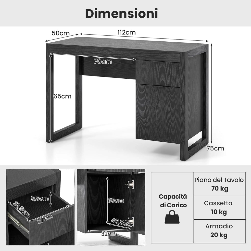 Scrivania Moderna per Computer, Postazione di Lavoro con Armadietto e Cassetto, Design Semplice ed Elegante, Scrivania con Superficie Liscia, Ideale per Casa e Ufficio (Nero)