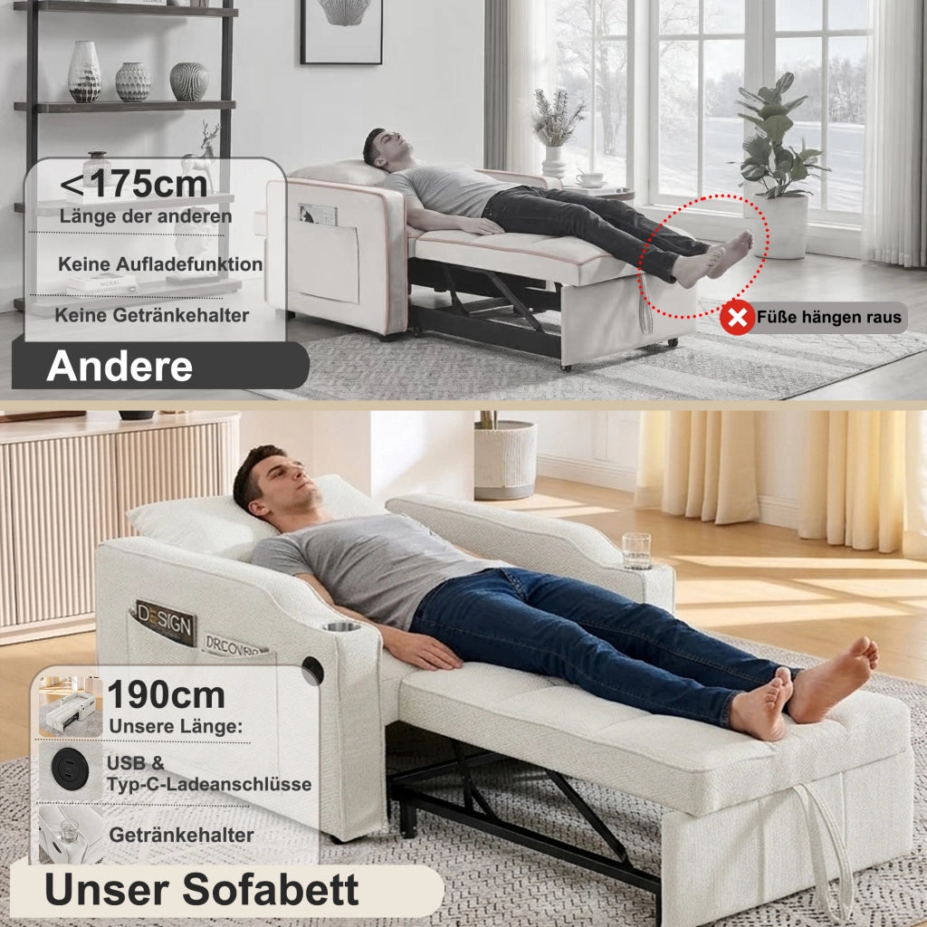 Poltrona letto convertibile con schienale regolabile a 3 posizioni e porte USB e USB-C in tessuto beige 190 × 85 × 86 cm