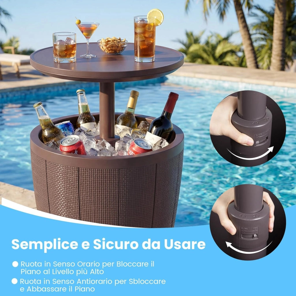 2 in 1 Tavolino Frigo 38L da Esterno, Secchiello Ghiaccio Regolabile in Altezza 49 x 59-84H cm, Tavolo Bar con Tappo di Drenaggio, per Piscina, Cortile e Campeggio (Marrone)