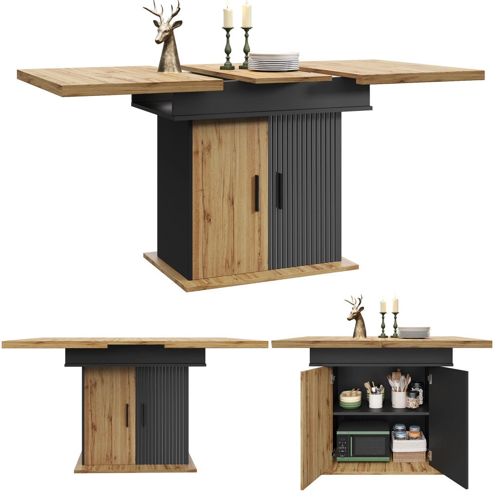 Tavolo allungabile con vano contenitore e ripiani regolabili, in MDF, nero e naturale, 110-140 × 80 × 75 cm