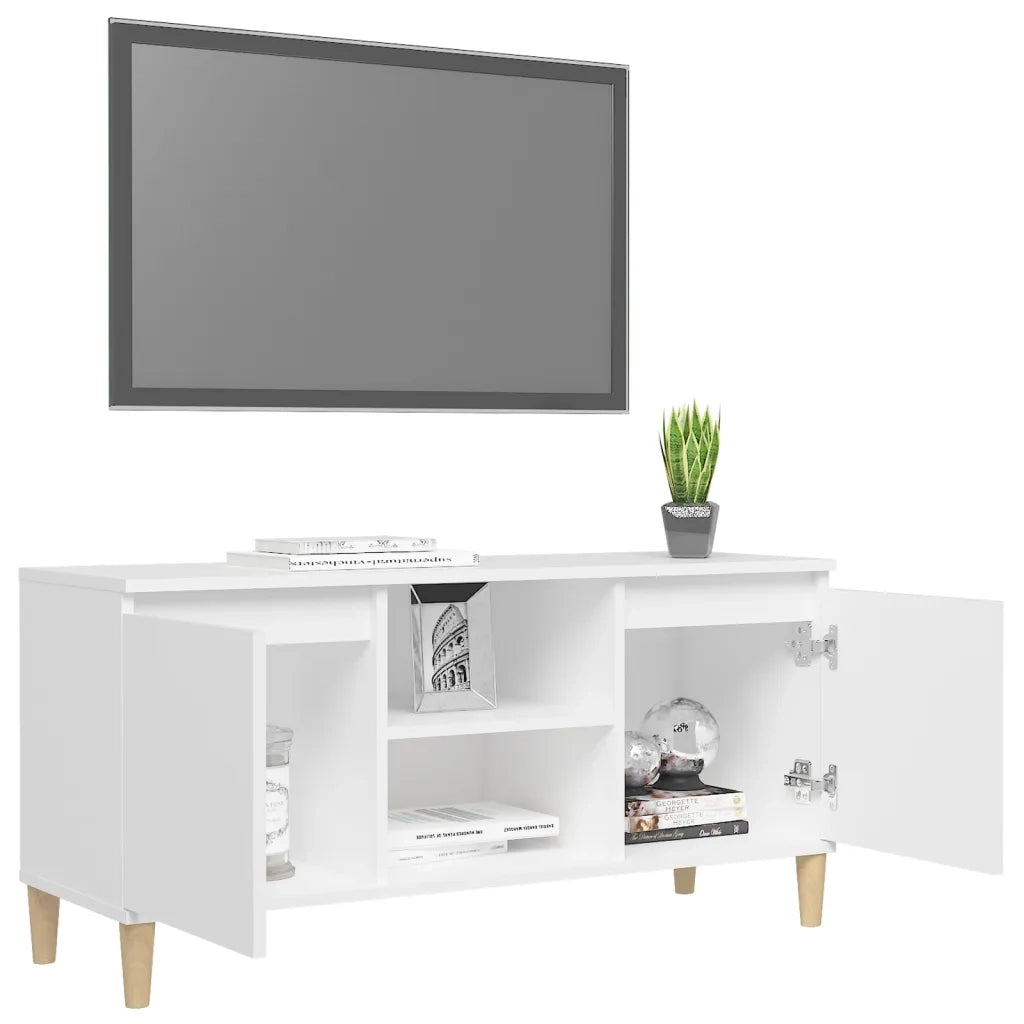 Mobile TV con Gambe in Legno Massello Bianco 103,5x35x50 cm
