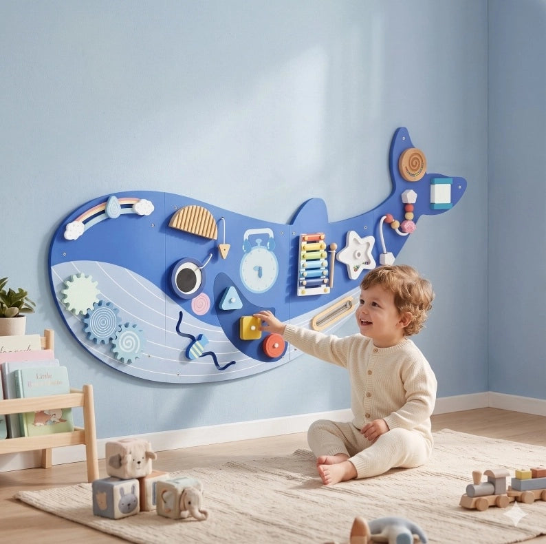 Pannello attivit¨¤ Montessori ULEVR a forma di balena 120x55,5 cm, 13 attivit¨¤ con xilofono, orologio e ingranaggi