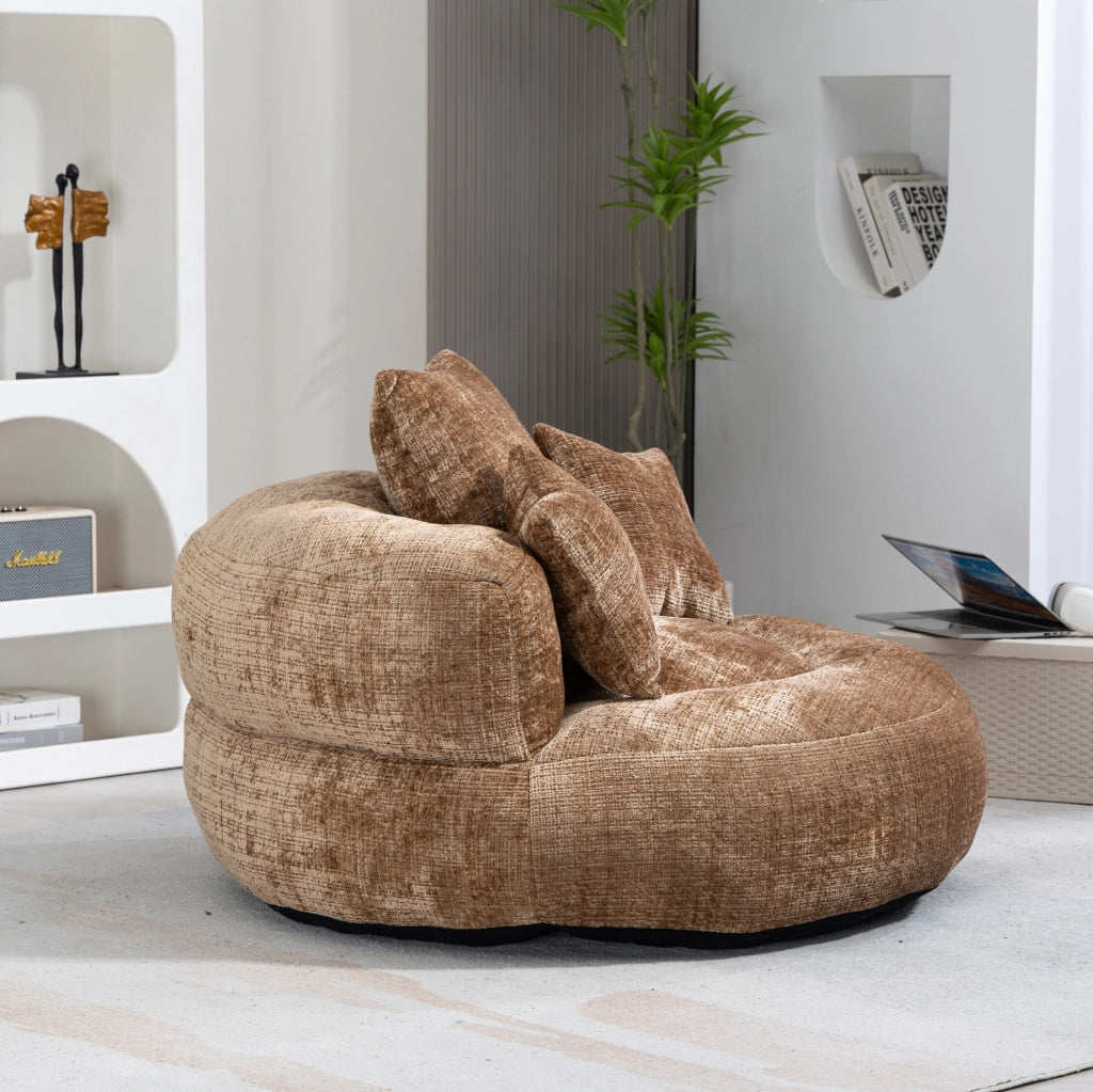 Poltrona lounge a sacco in chenille marrone; 108 x 108 x 52 cm; con braccioli e schienale alto