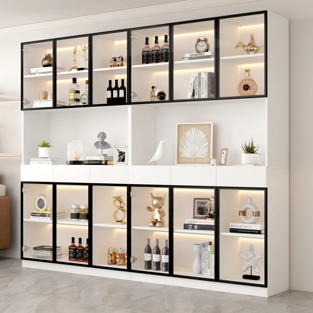 Vetrina alta con LED, ripiani regolabili, 6 cassetti e ante in vetro, per soggiorno, cucina e ufficio, bianco