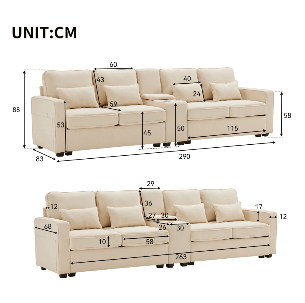 Divano 4 posti con consolle; 2 portabicchieri e porta USB; effetto lino beige