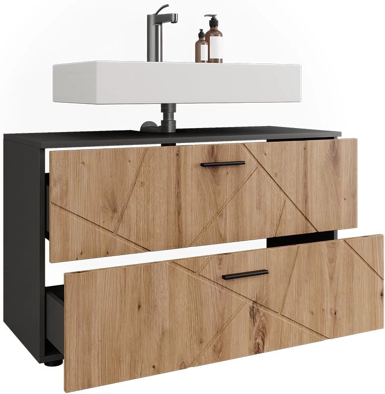 Mobiletto per lavabo Irma, Antracite/Artisan, 100.1 x 60.6 cm con 2 cassetti, adatto per lavabi standard con foro per sifone
