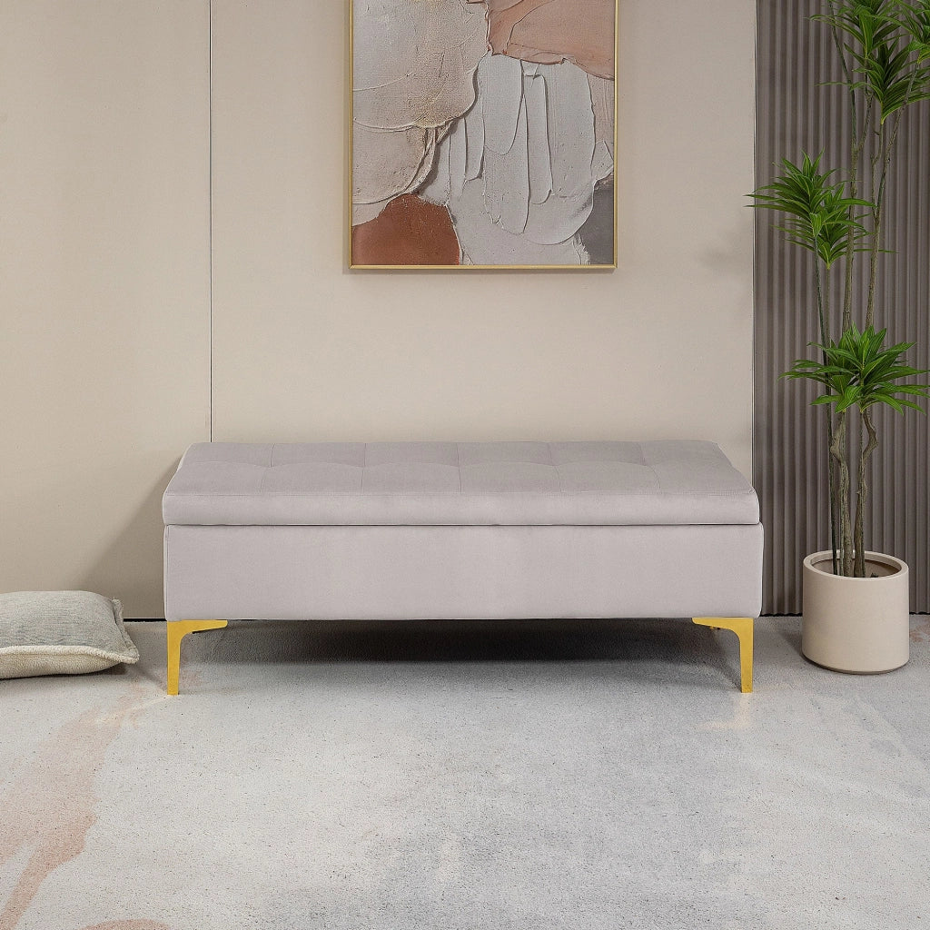 Panca Contenitore Fondo Letto 120x44x44,5cm con Tessuto Vellutato e Gambe Dorate Grigio Chiaro