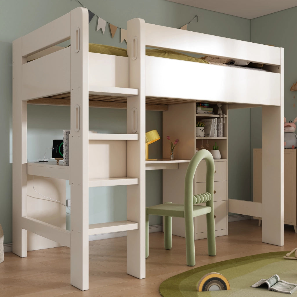 DESMIU Letto a soppalco singolo con scrivania ad angolo, 3 ripiani, 3 cassetti, USB e Type-C 90 × 200 cm senza materasso