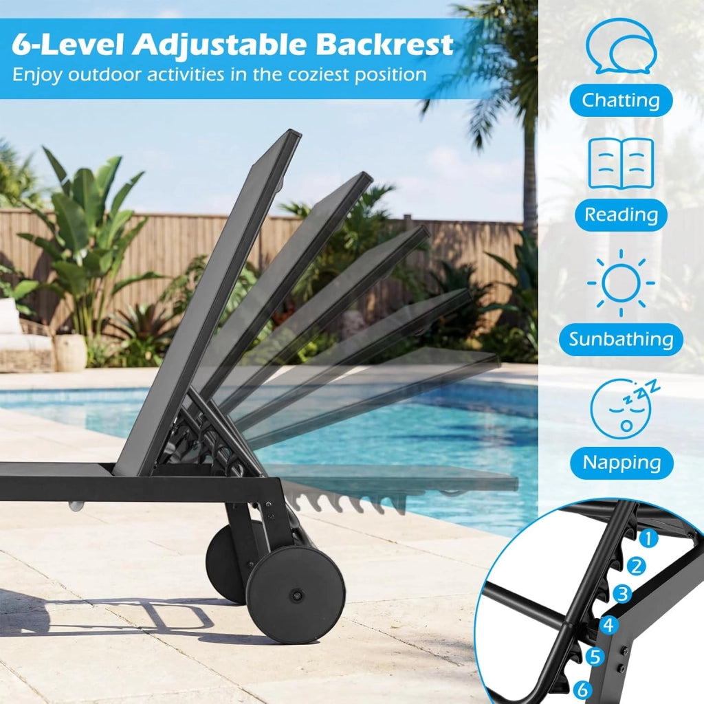 Set di 2 Sdraio da Giardino Reclinabili, Sedia da Abbronzatura Piatta in Metallo Resistente con Schienale 6 Posizioni e Tessuto Traspirante, per Bordo Piscina e Terrazza (Grigio,2)