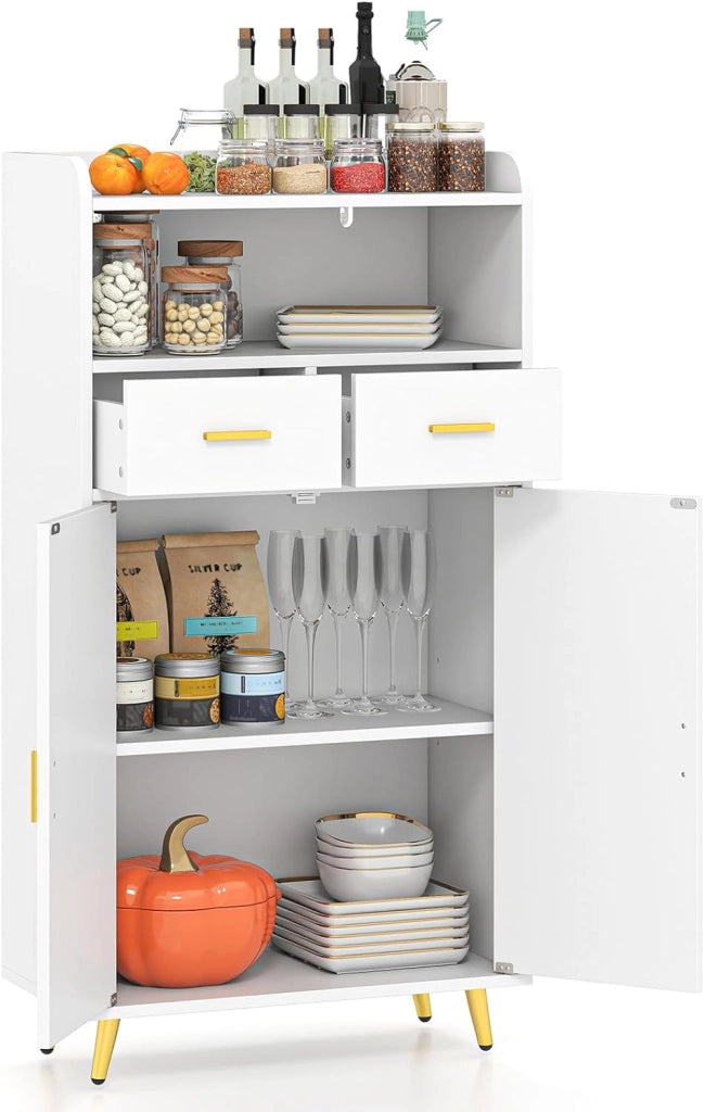 Credenza Cucina, Piano Superiore con Bordo Anticaduta, Scomparto Aperto, 2 Cassetti e Armadietto a Doppia Anta, Mobile Moderno con 2 Antiribaltamento per Soggiorno e Ingresso (Marrone)