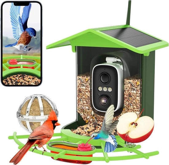 Casa alimentazione con camera, casetta per uccelli con camera 4MP, casa alimentazione per giardino, stazione alimentazione per uccelli con registrazione video/foto, identificazione AI, rilevamento movimento, allarme, visione notturna, impermeabile IP65