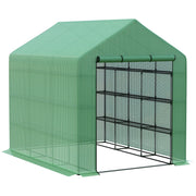 Serra a tunnel con 8 ripiani, serra per pomodori con porta, verde, realizzata in acciaio e plastica PE