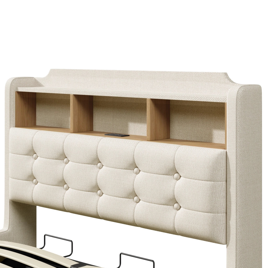 Letto imbottito 140x200 cm con contenitore idraulico e LED beige